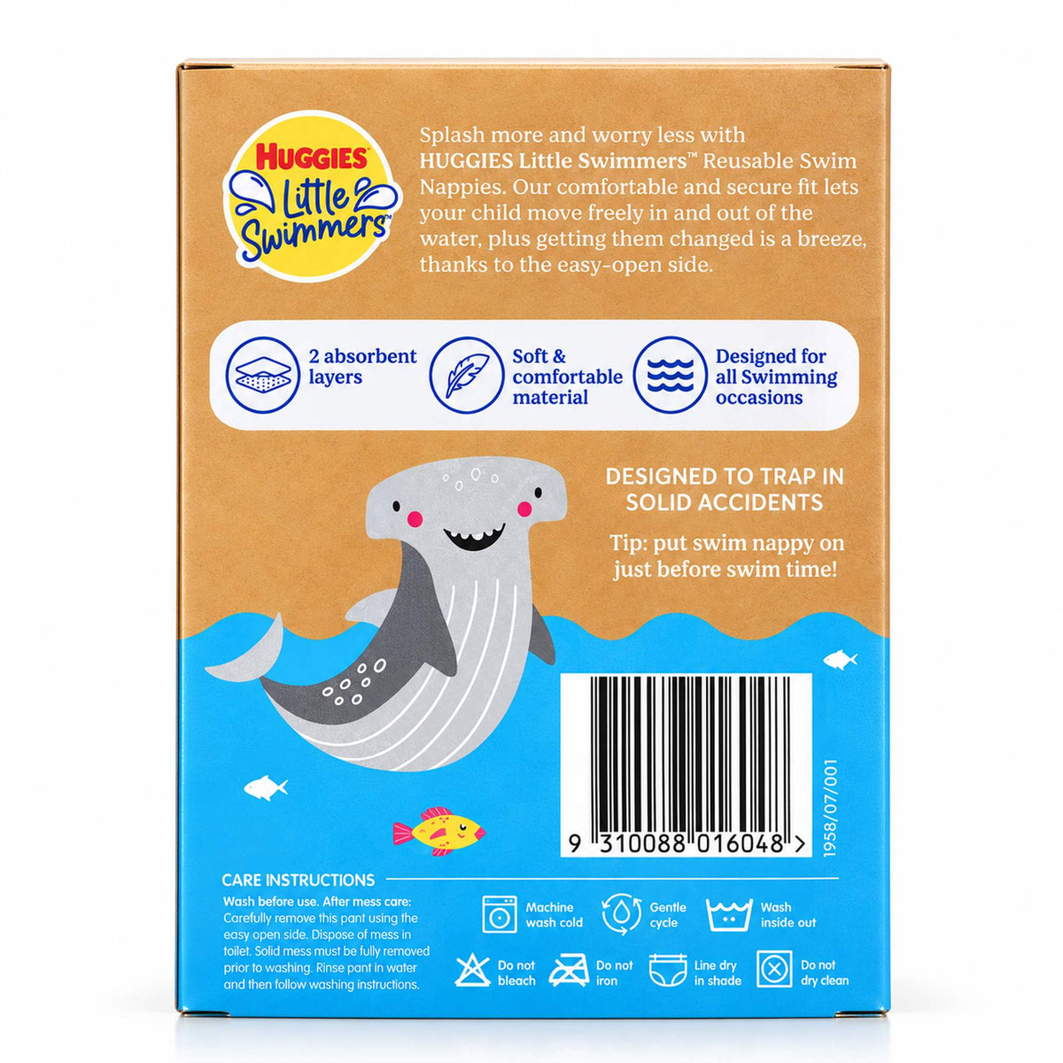 The back of a Huggies Little Swimmers swim nappy box, featuring a kraft brown upper section with product text and a blue lower section with a cartoon shark illustration and care instructions.