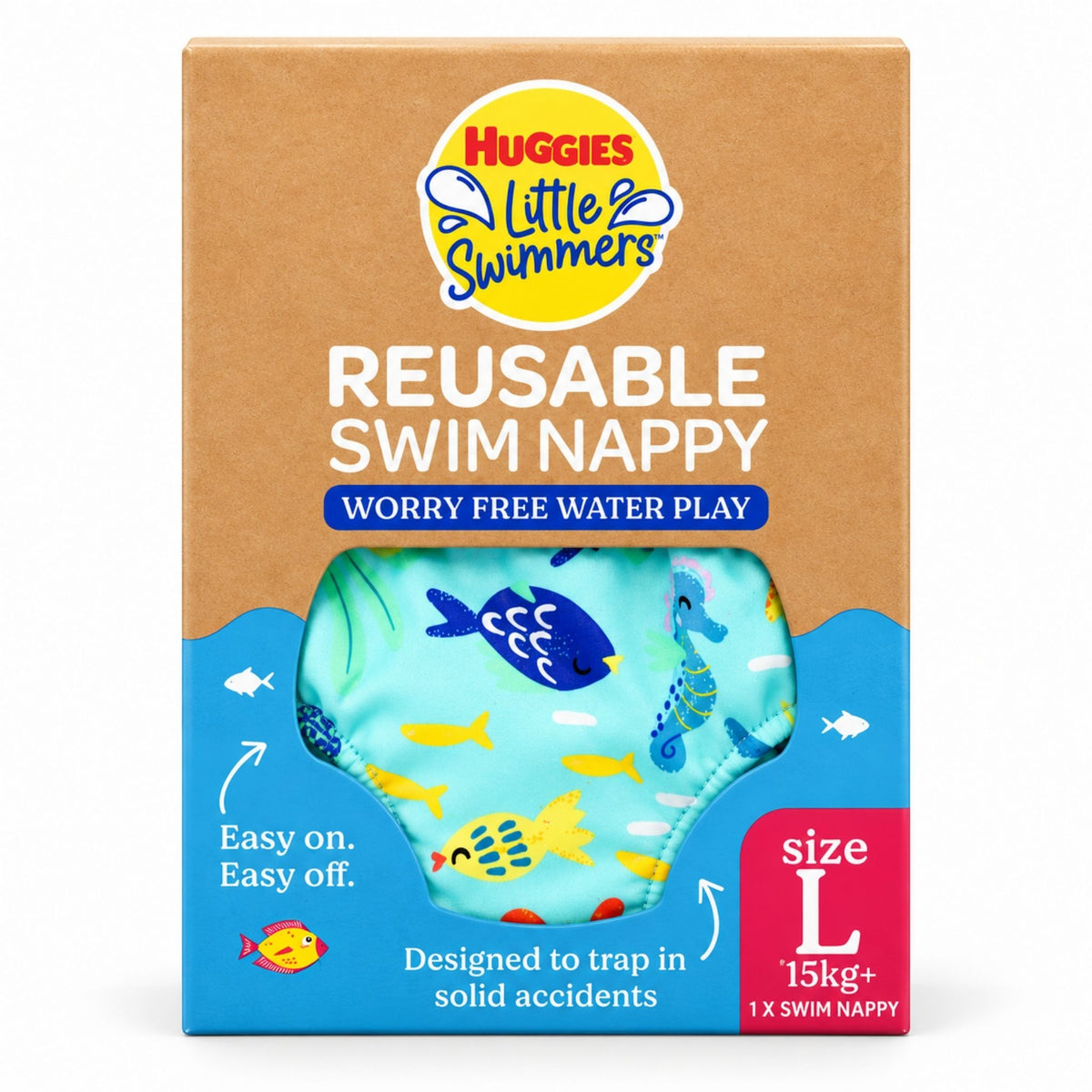 Huggies Little Swimmers reusable swim nappy in its retail packaging, size L, featuring a tropical fish pattern on a light blue background.