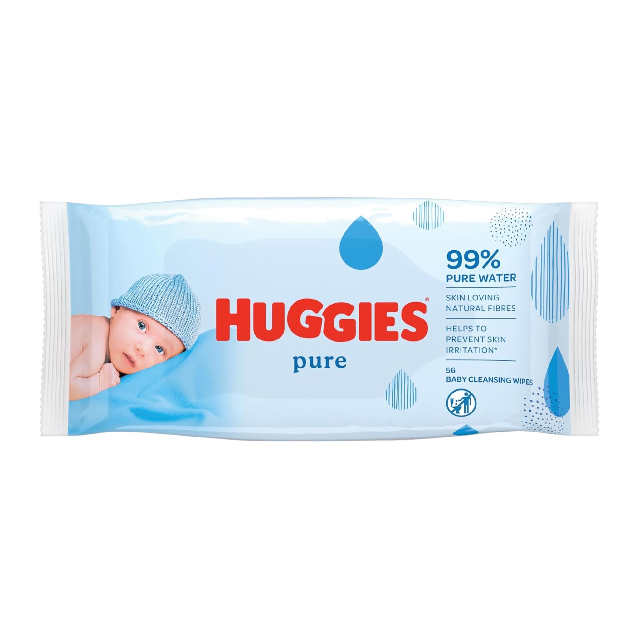 Huggies pure baby wipes packaging with a baby's face peeking out from behind a blue sheet.