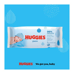 Huggies pure baby wipes packaging on a blue background