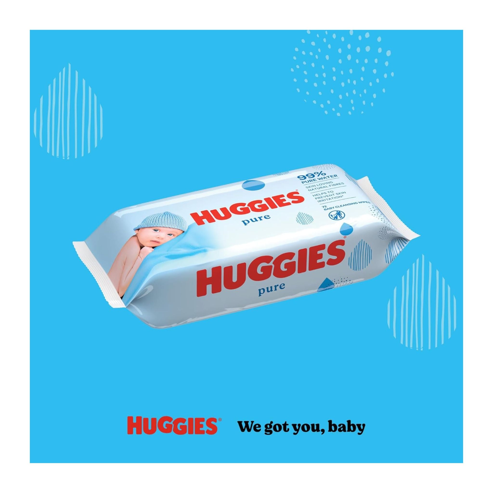 Huggies pure baby wipes packaging on a blue background