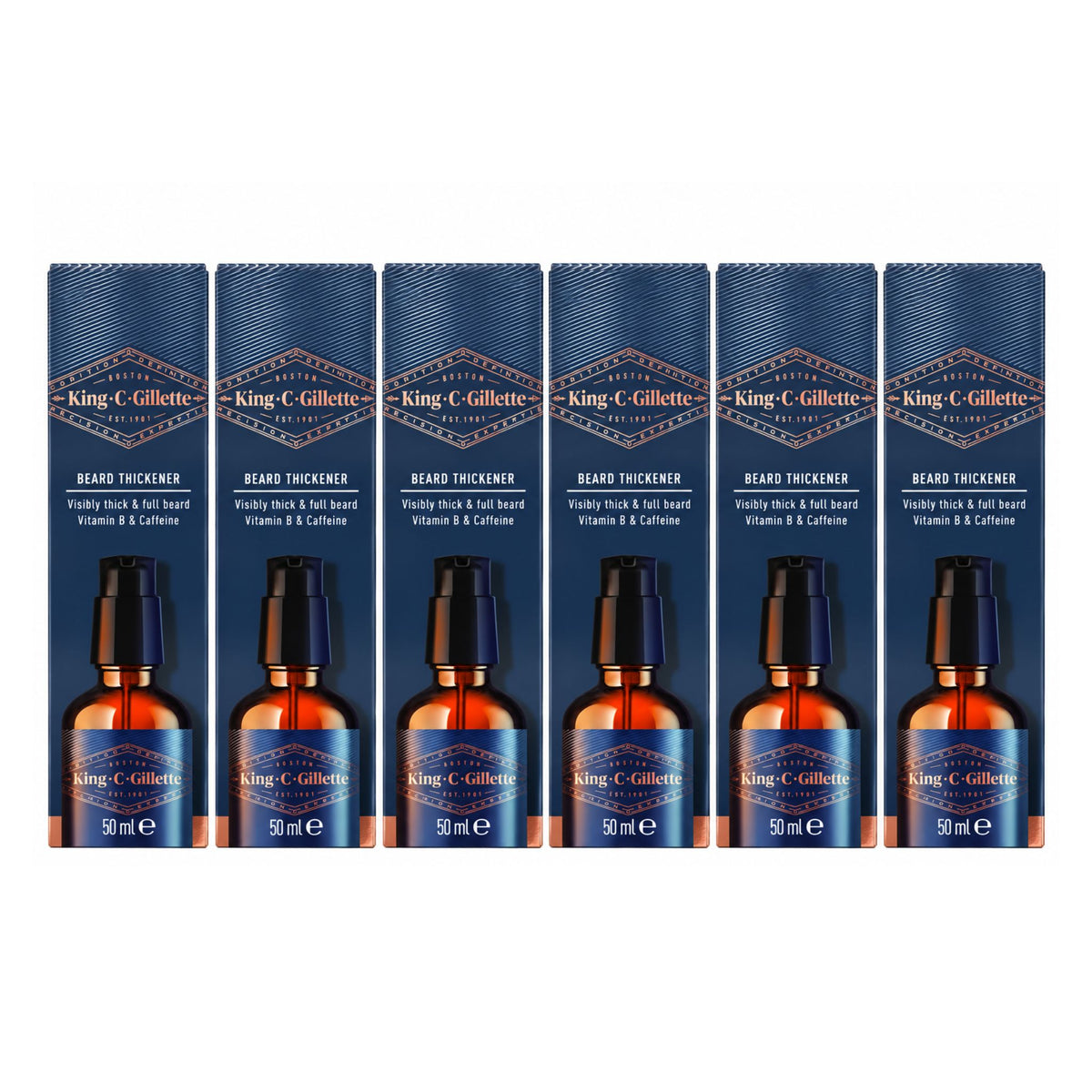 Six bottles of King C. Gillette Beard Thickener arranged in a row with their blue packaging boxes behind them on a plain white background.