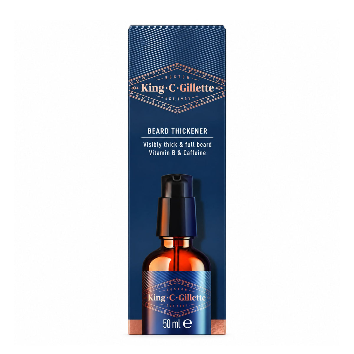 King C Gillette Beard Thickener 50ml bottle with its blue packaging box, shown on a plain white background.