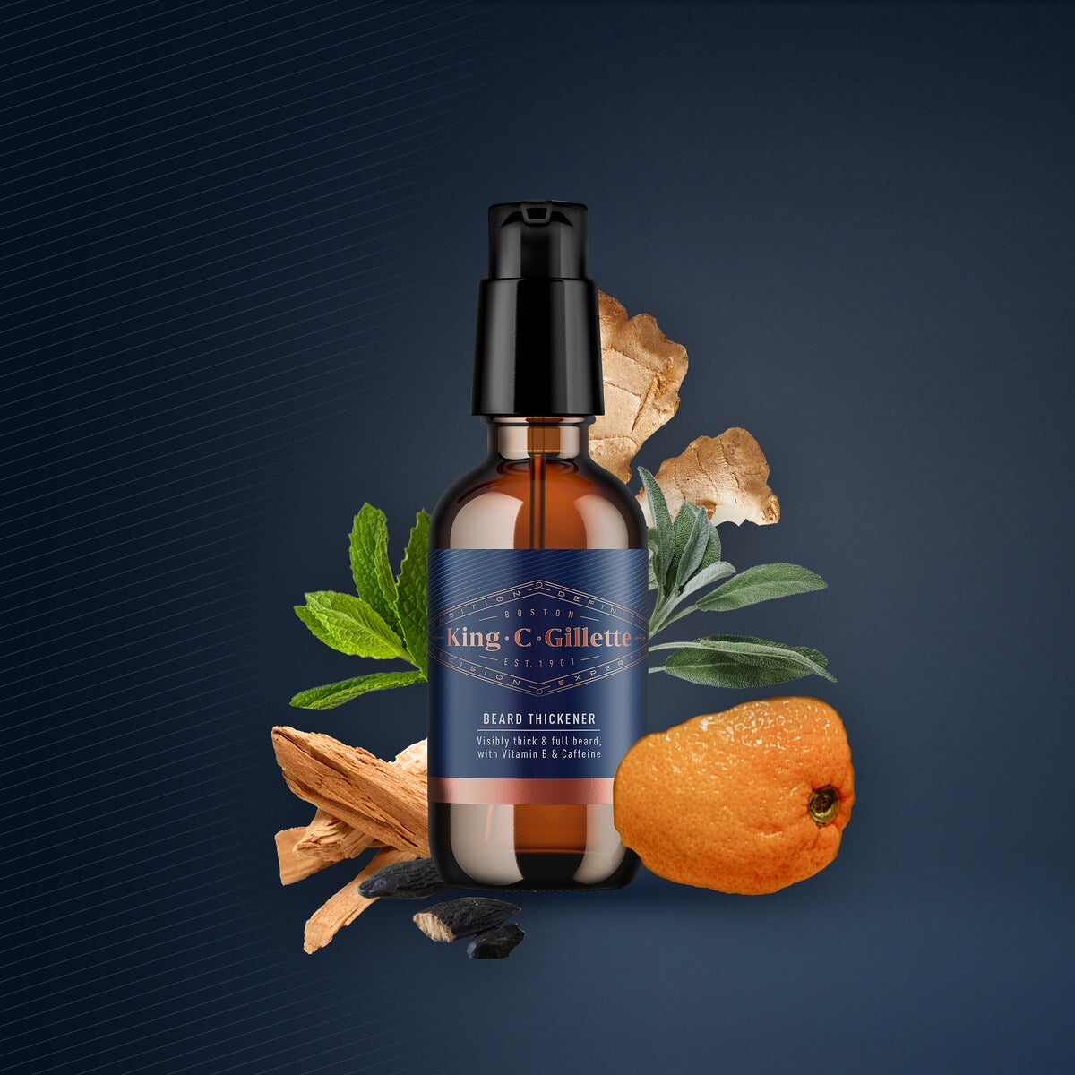 King C. Gillette Beard Thickener bottle surrounded by natural ingredient visuals including ginger and orange.