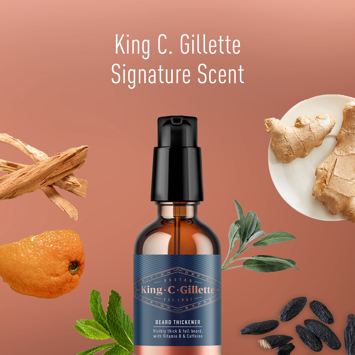 Promotional image highlighting King C. Gillette signature scent and beard thickener bottle.