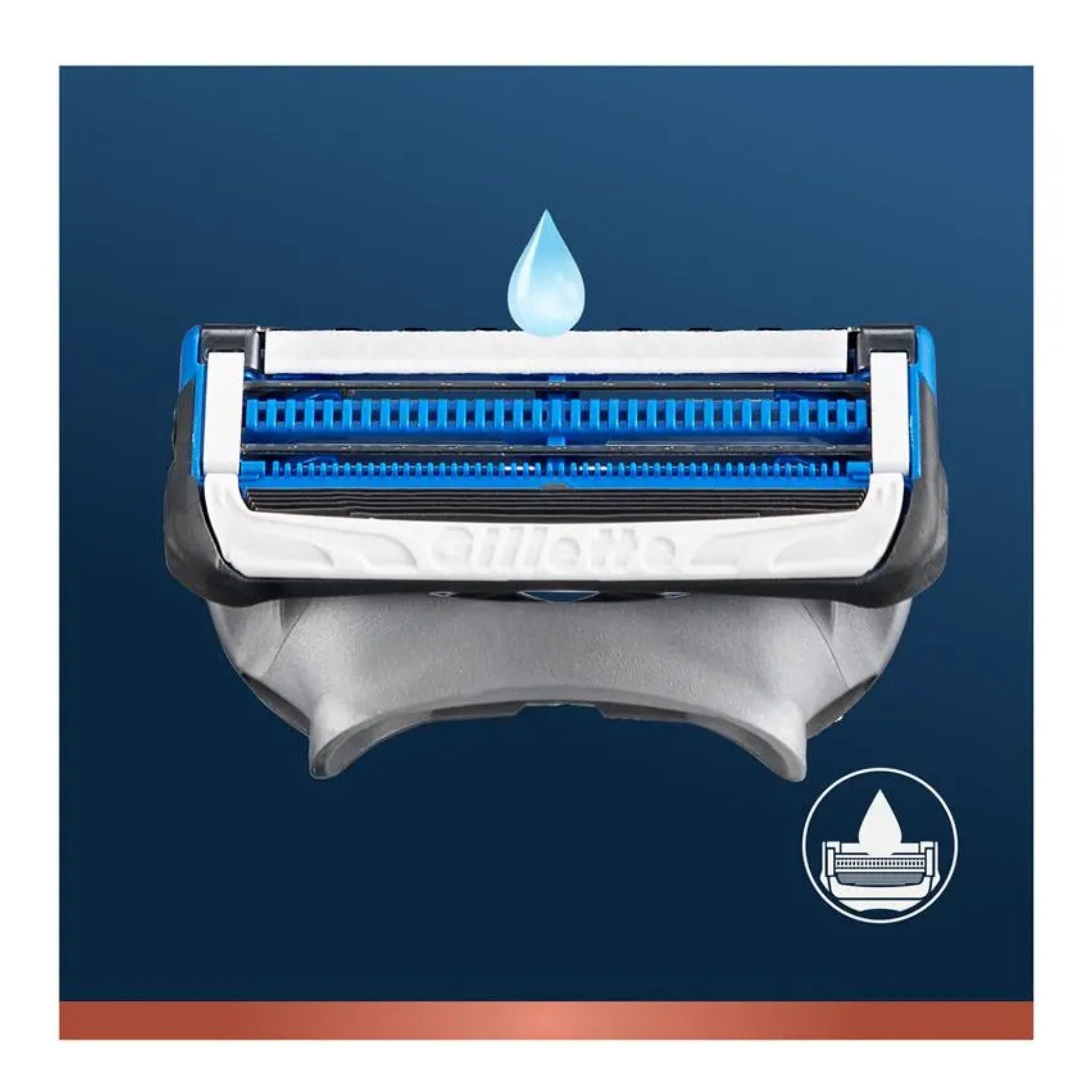 Close-up of King C. Gillette neck razor blade cartridge showing dual blades and blue lubrication strip for a smooth, comfortable shave.