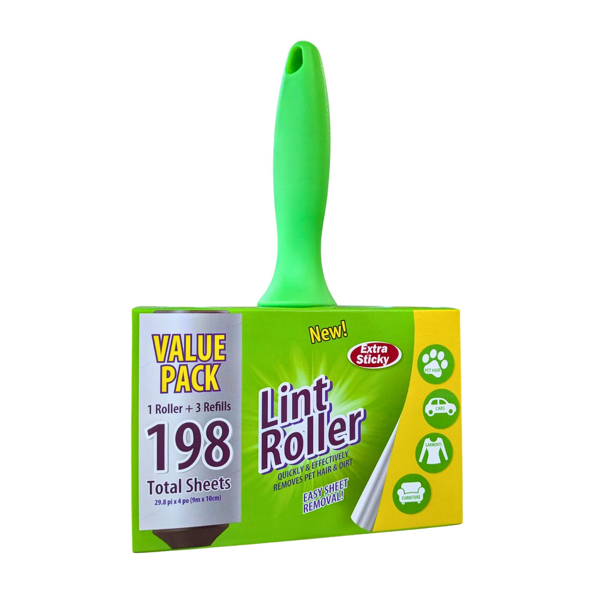 Lint roller with green handle and packaging on a white background