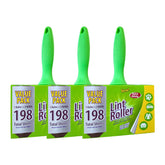 Four packages of Lint Roller with green handles on a white background