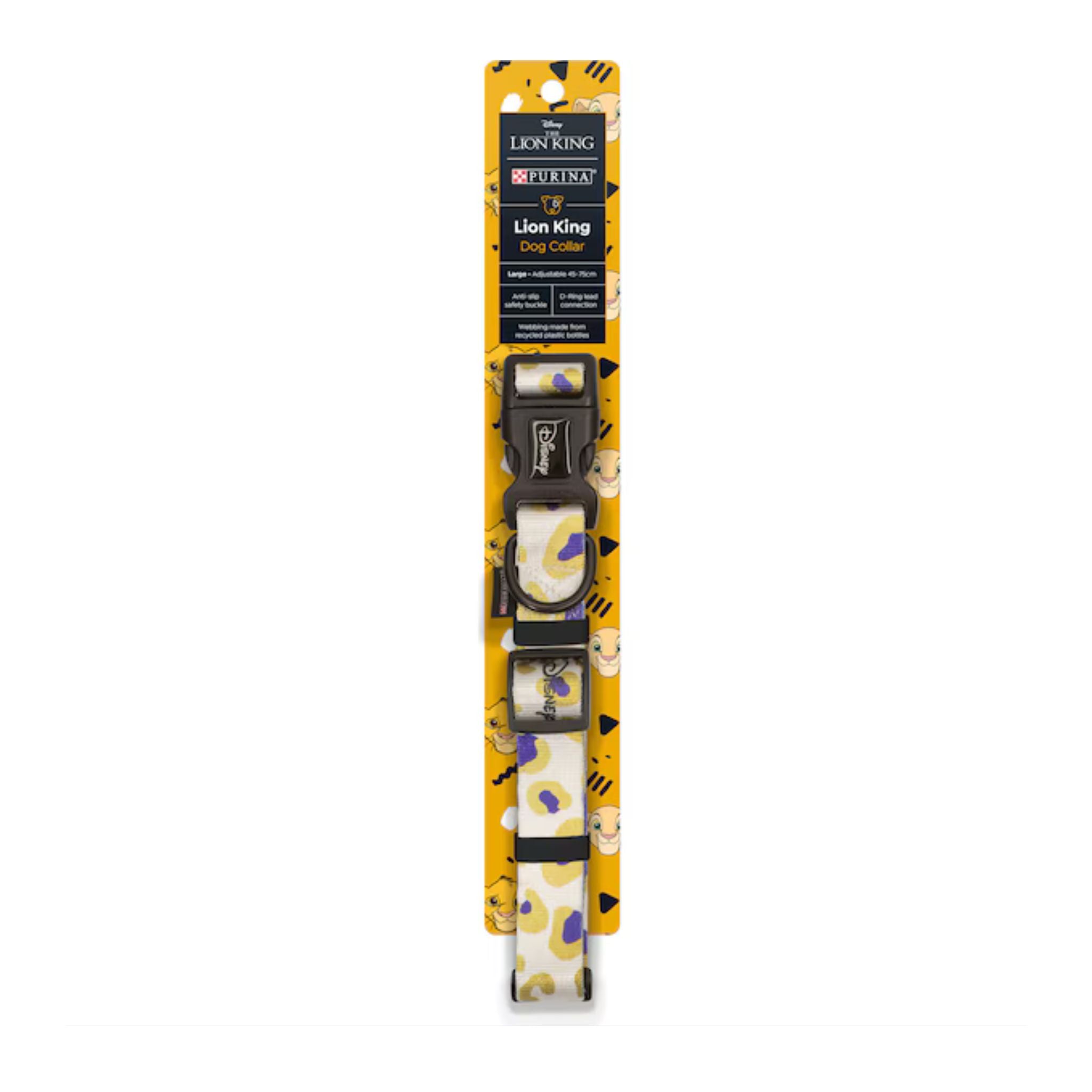 Purina Disney Lion King Dog Collar in white with yellow and purple abstract safari pattern, large size 45–75cm.