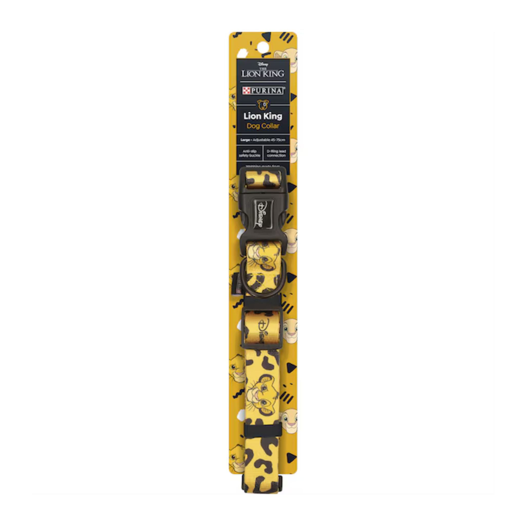 Purina Disney Lion King Dog Collar in yellow with Simba face design, large size adjustable 45–75cm.