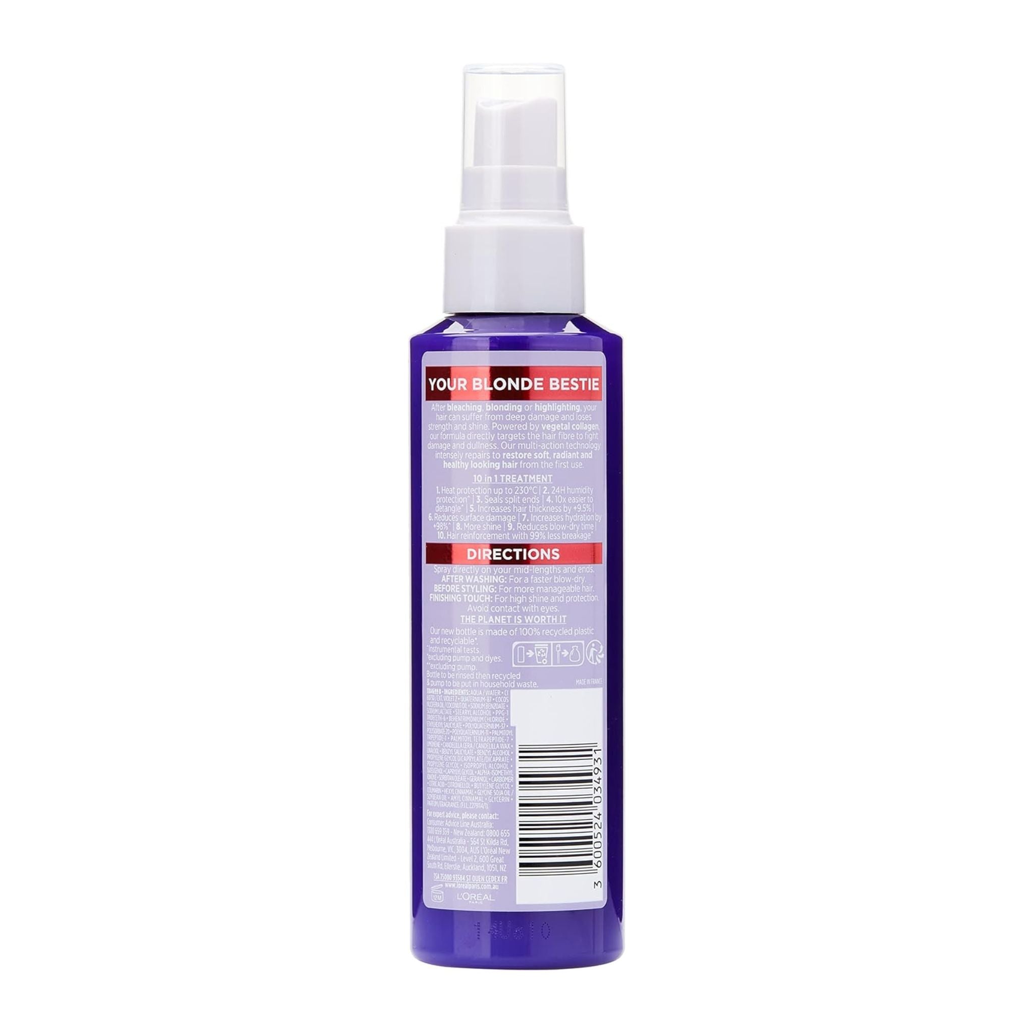Purple spray bottle with a label on a white background