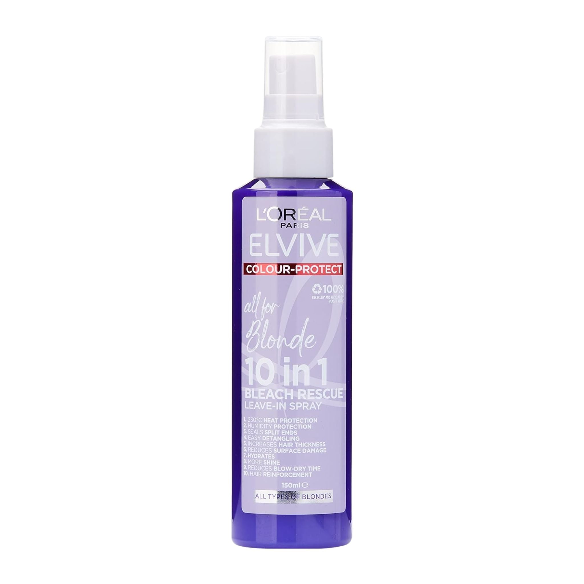 L'Oreal Elvive Colour Protect bleach rescue spray bottle on a white background