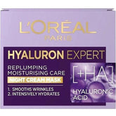 Packaging of L'Oreal Paris Hyaluron Expert Night Cream Mask, highlighting the product's benefits such as smoothing wrinkles and intense hydration.