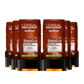 Multiple bottles of L'Oreal Men Expert Barber Club Body, Hair & Beard Wash on a white background