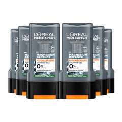 Multiple bottles of L'Oreal Men Expert Magnesium Defence shower gel on a white background
