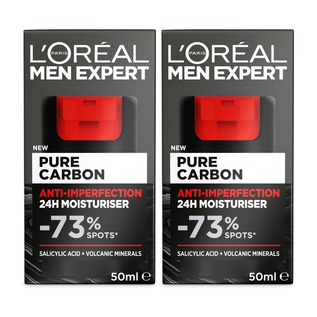Two L'Oréal Paris Men Expert Pure Carbon Anti-Imperfection 24H Moisturiser 50ml boxes shown side by side on a white background.
