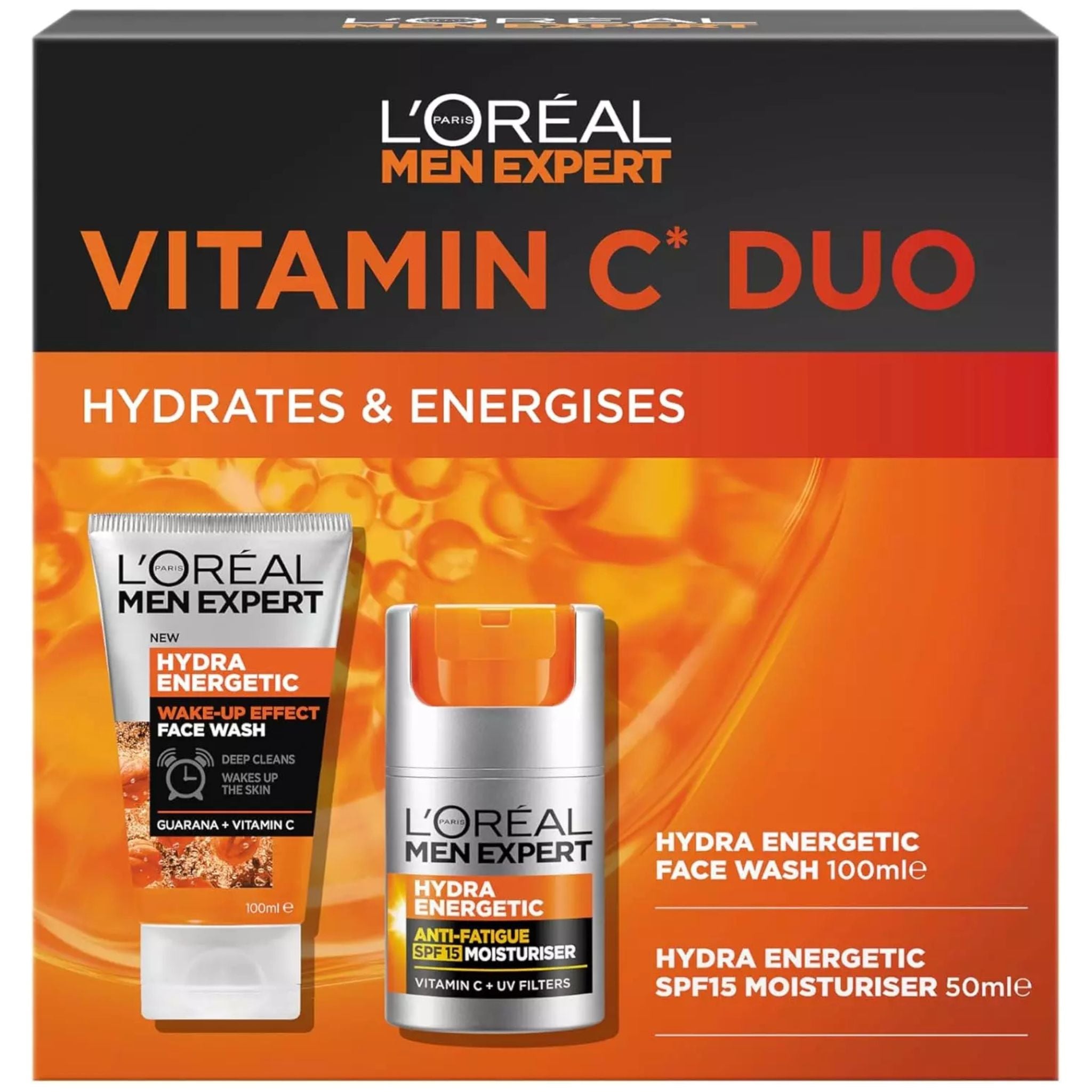 Retail packaging of L'Oréal Men Expert Vitamin C Duo Face Wash and Moisturiser