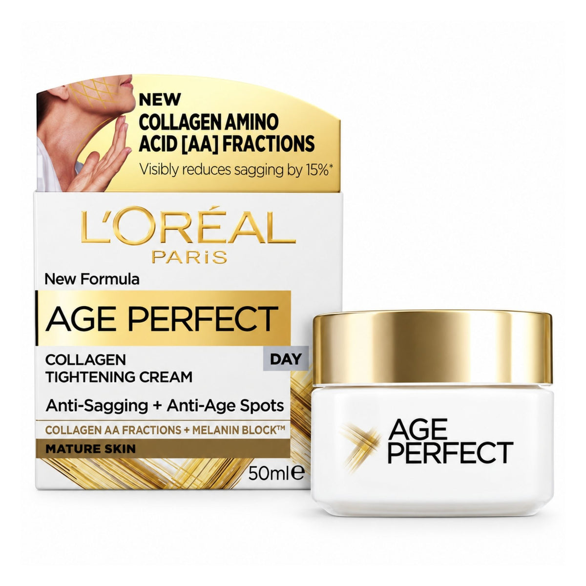 L'Oréal Paris Age Perfect Collagen Tightening Cream 50ml jar with its retail box, featuring a white and gold color scheme on a clean white background.