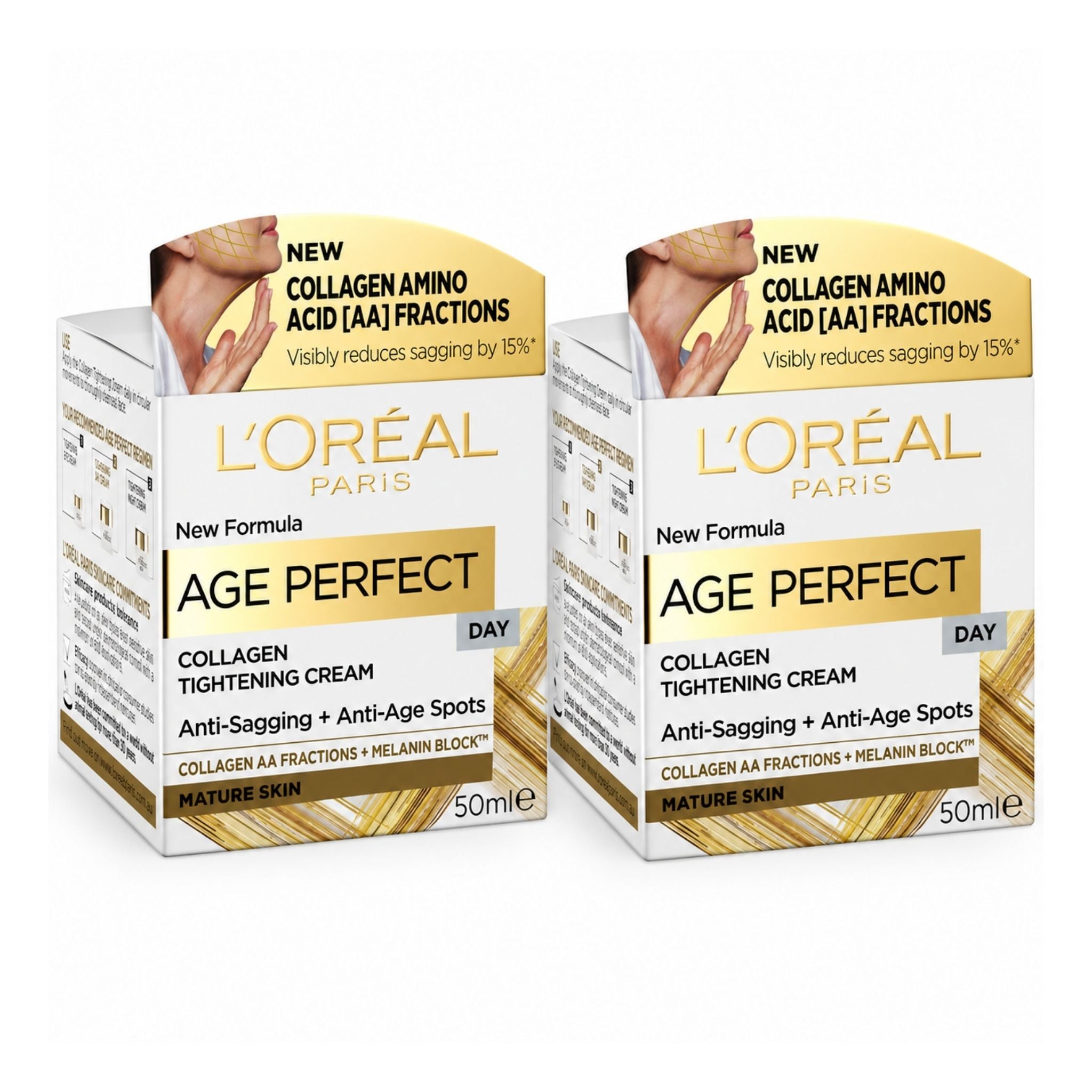 Two boxes of L'Oréal Paris Age Perfect Collagen Tightening Cream shown side by side on a clean white background.