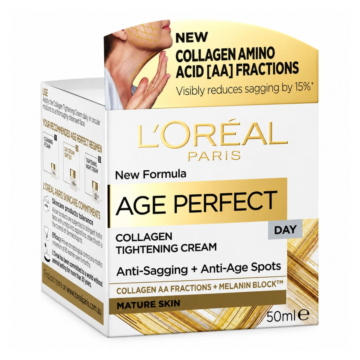 L'Oréal Paris Age Perfect Collagen Tightening Cream 50ml box, featuring a white and gold design with text highlighting anti-sagging and anti-age spot benefits.