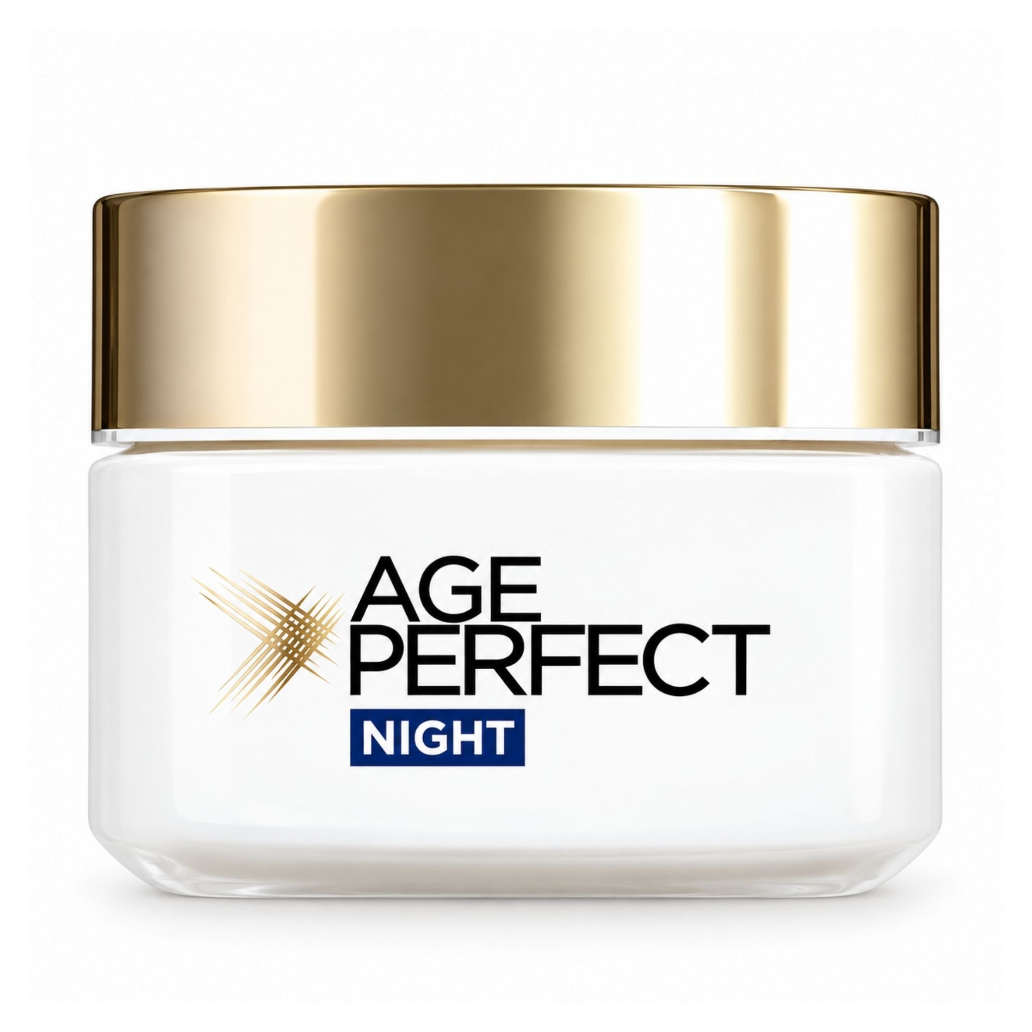 A white cosmetic jar with a metallic gold lid, labeled 'AGE PERFECT NIGHT' on a clean white background.