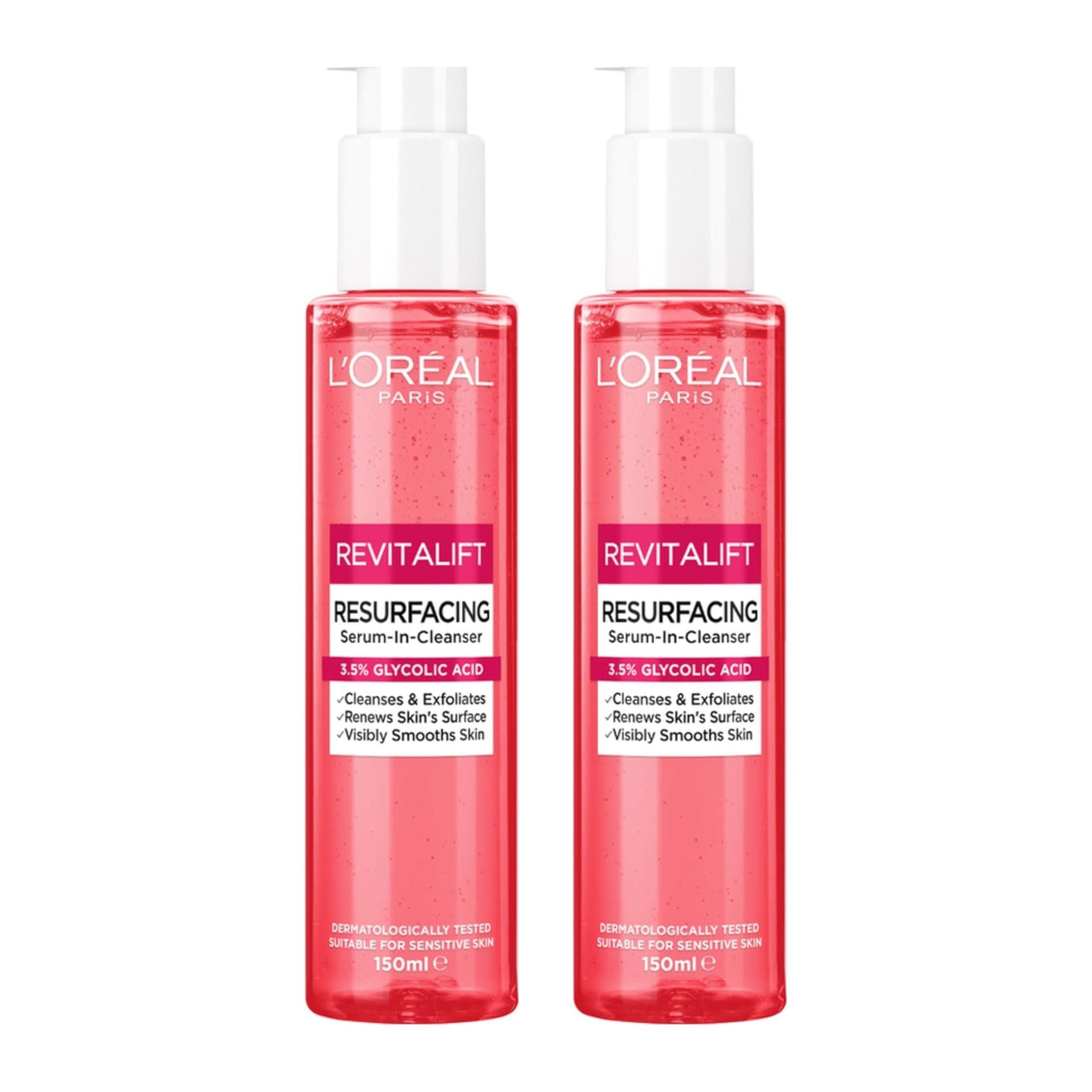 Two bottles of L'Oreal Paris Revitalift Resurfacing Serum-in-Cleanser on a white background