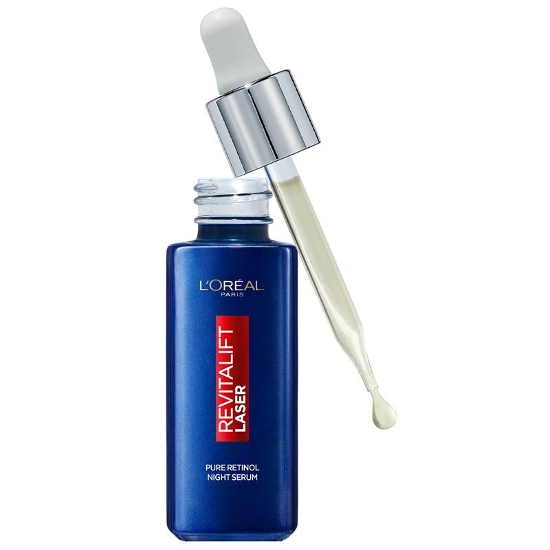 L’Oreal Revitalift Retinol serum blue bottle with open dropper applicator