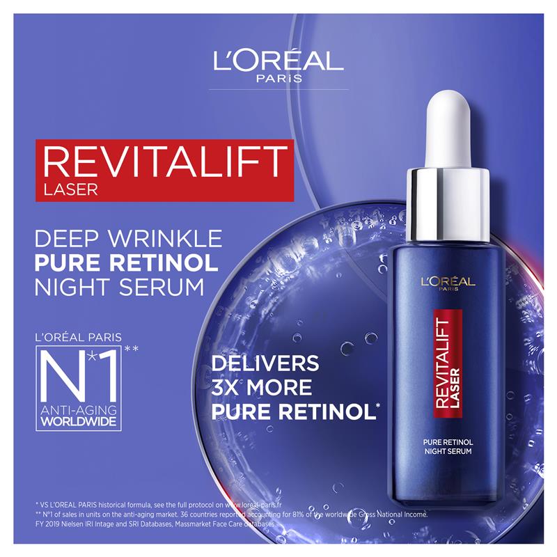 L’Oreal Revitalift Pure Retinol serum promotional image highlighting night serum benefits