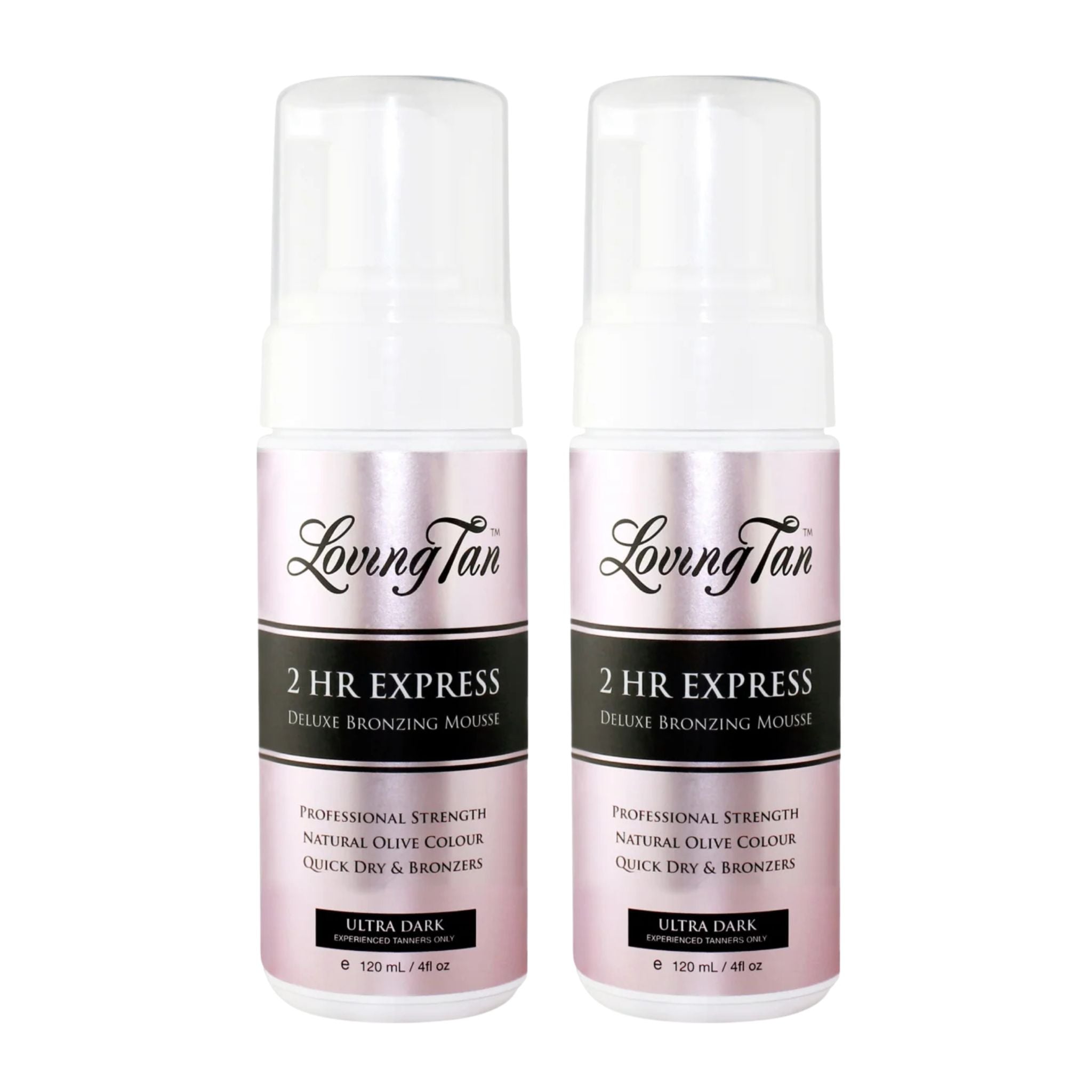 Two bottles of Loving Tan 2 HR Express Deluxe Bronzing Mousse on a white background