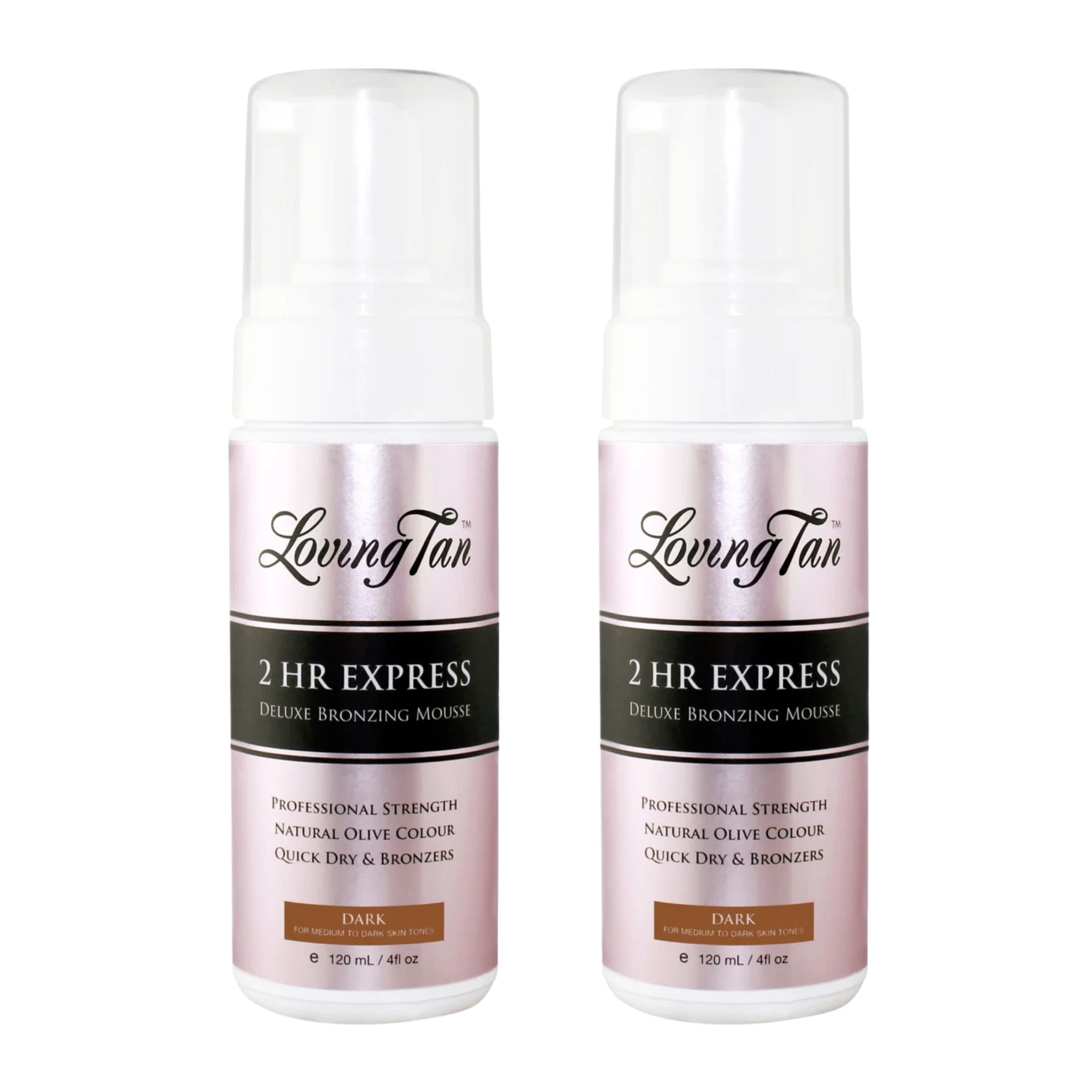 Two bottles of Loving Tan 2 HR Express Deluxe Bronzing Mousse on a white background