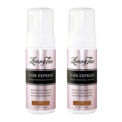 Two bottles of Loving Tan 2 HR Express Deluxe Bronzing Mousse on a white background