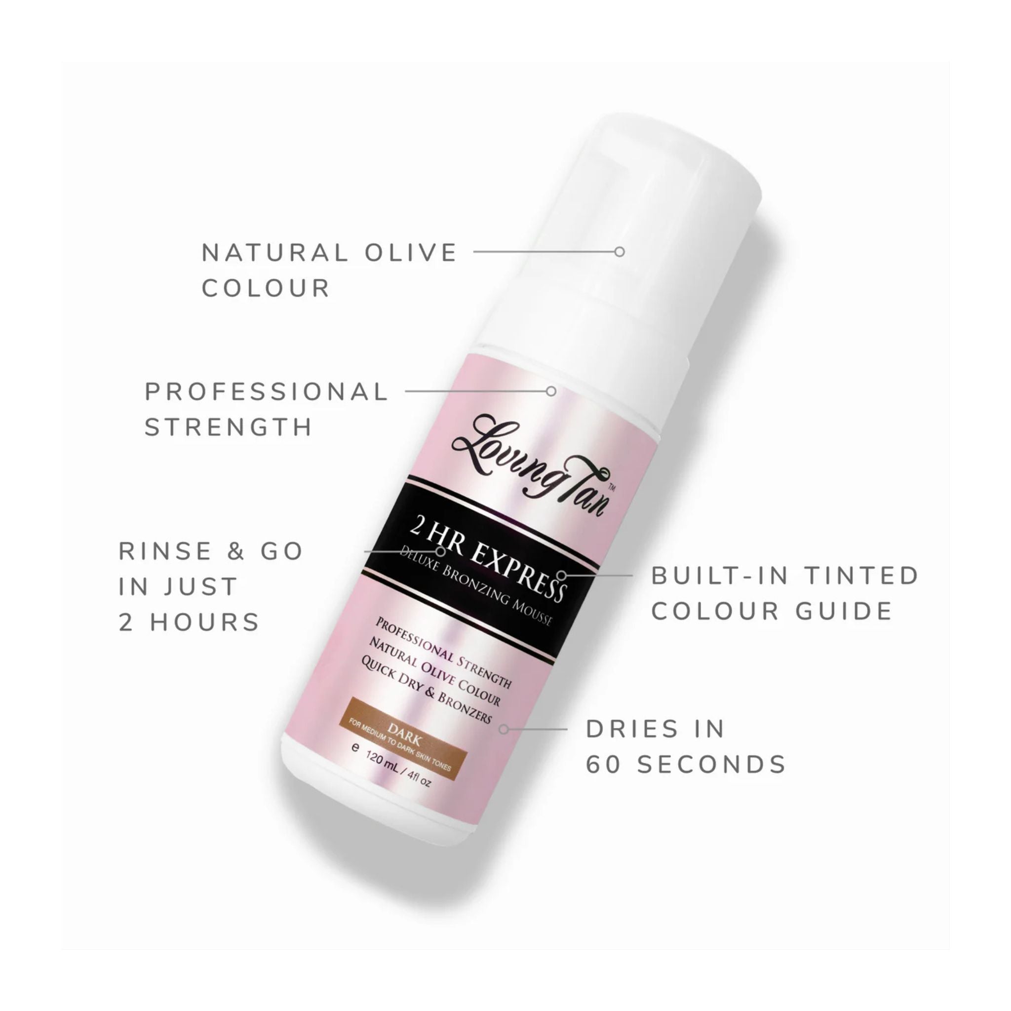 Living Tan 2HR Express tanning lotion bottle with features highlighted on a white background