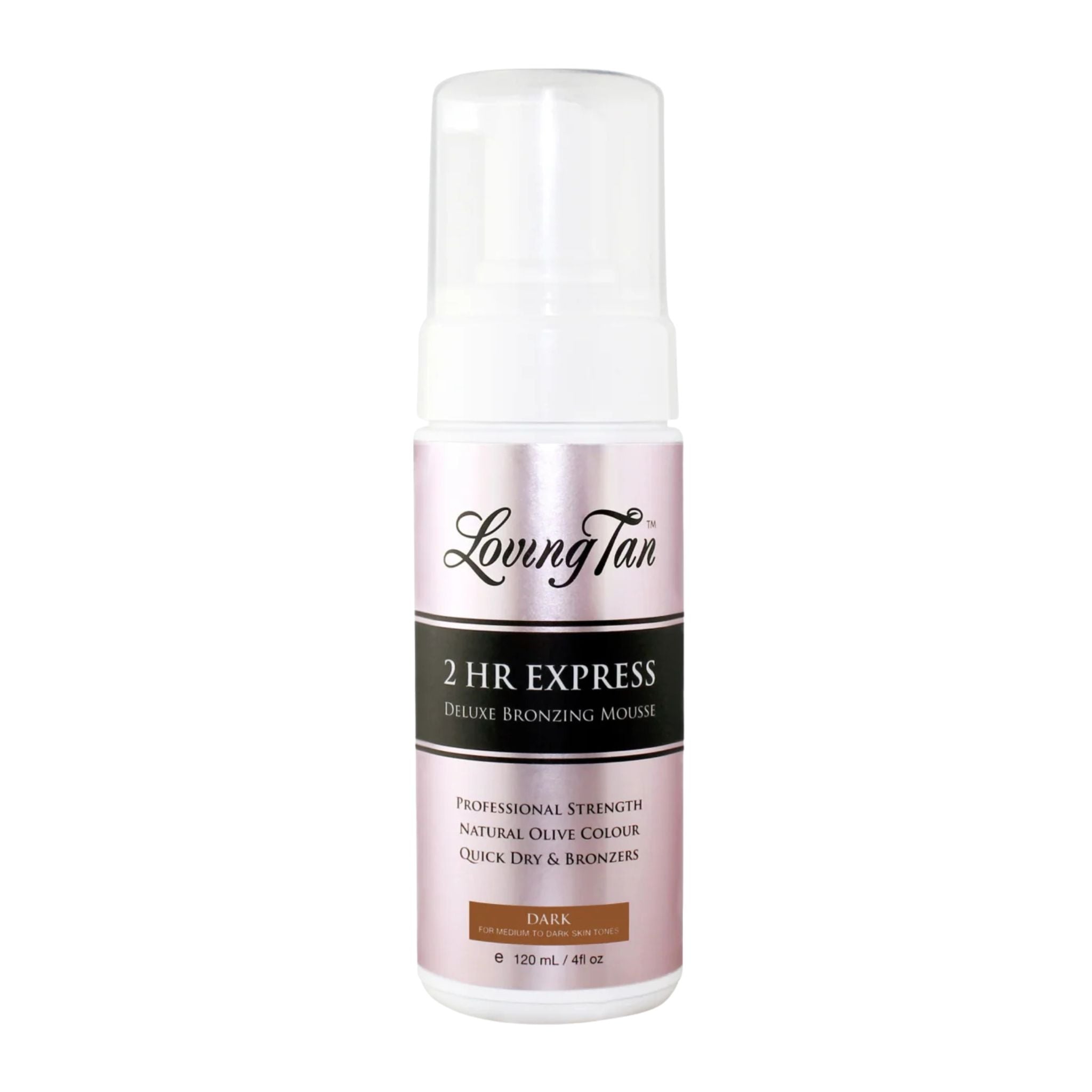 Loving Tan 2 HR Express bronzing mousse bottle on a white background