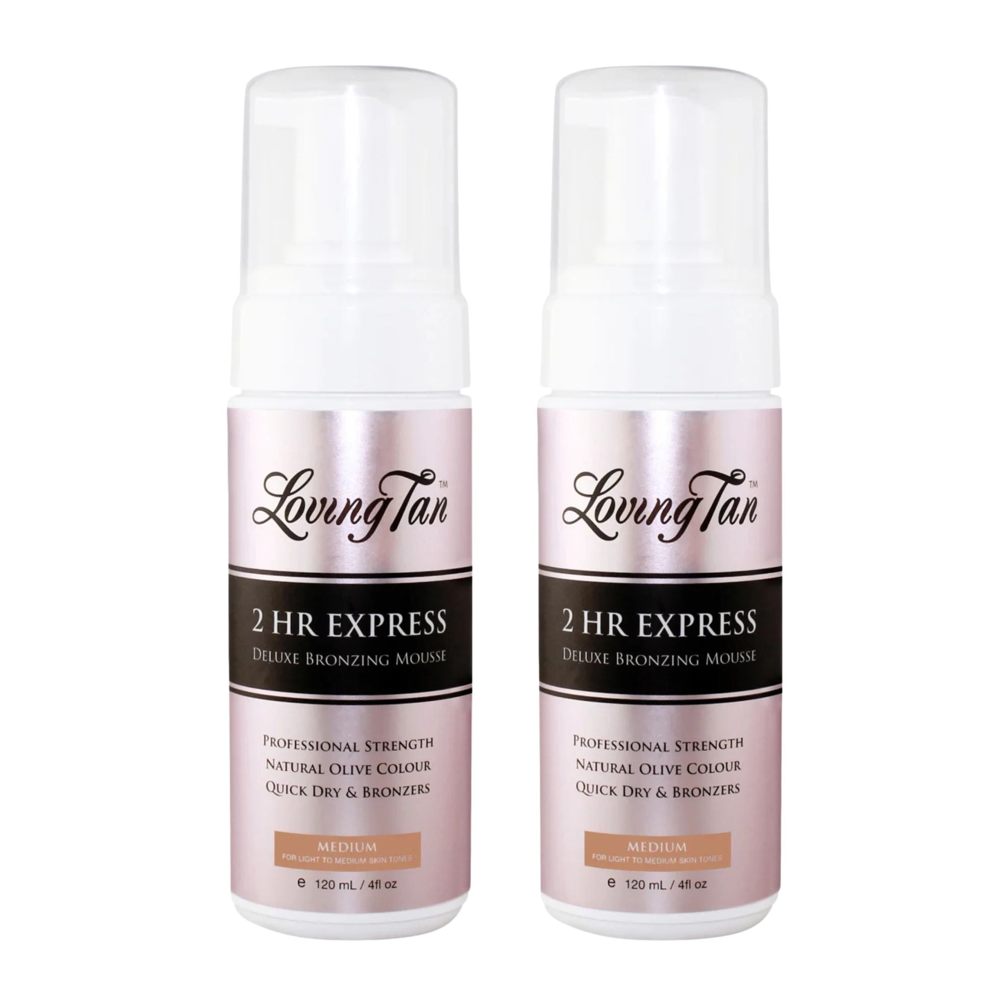 Two bottles of Loving Tan 2 HR Express Deluxe Bronzing Mousse on a white background