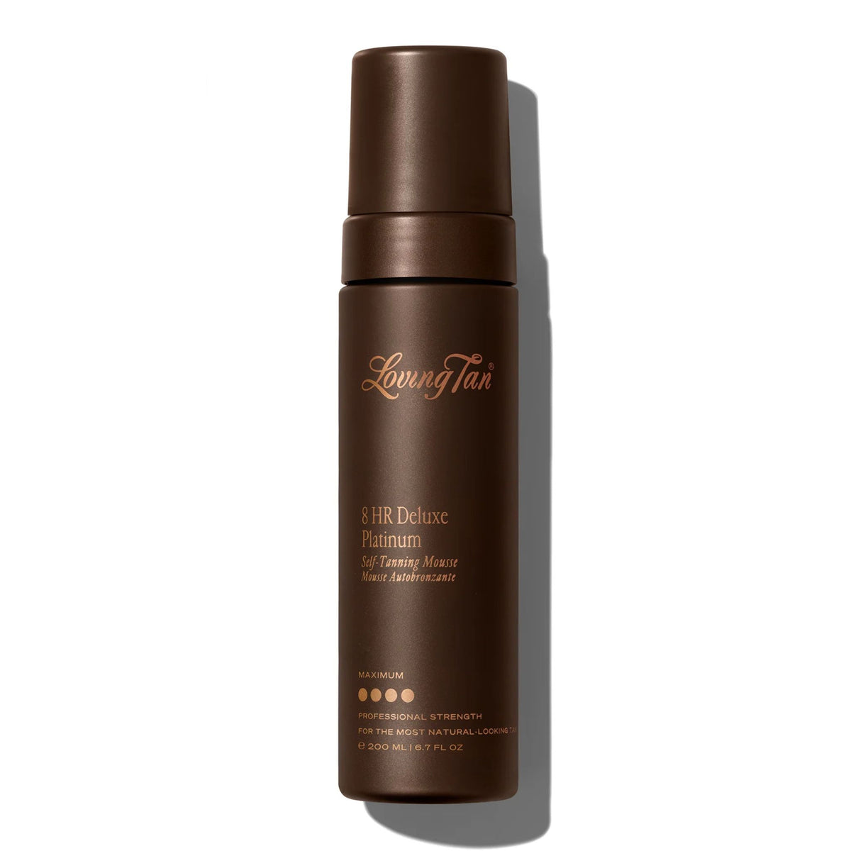 A single bottle of Loving Tan 8 HR Deluxe Platinum Self Tanning Mousse on a clean white background with a soft shadow.