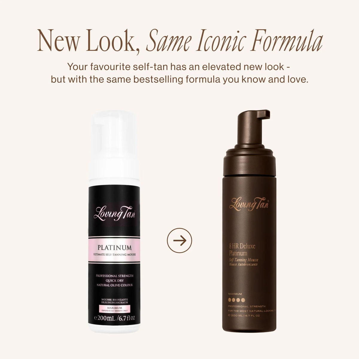 Two Loving Tan self-tan bottles shown on a light beige background with promotional text at the top. The left bottle is white with a black label and pink band, labeled Platinum; the right bottle is dark brown with a dark brown pump, labeled 188 Deluxe Platinum.