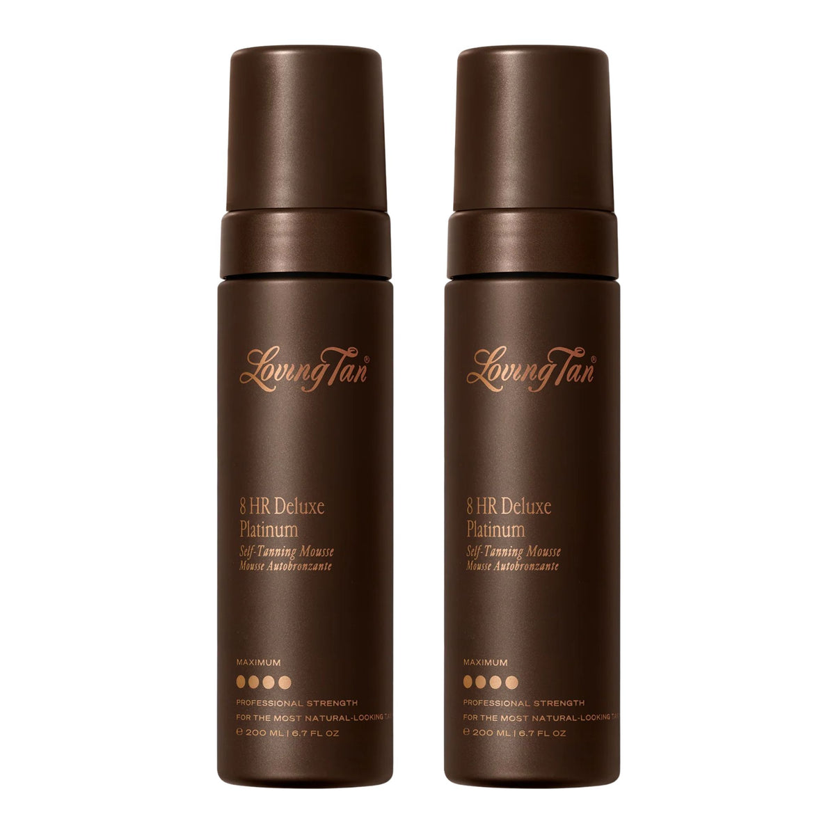 Two brown Loving Tan 8 HR Deluxe Platinum Self Tanning Mousse bottles on a plain white background.