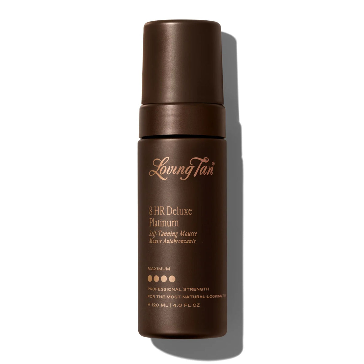 A bottle of Loving Tan 8 HR Deluxe Platinum Self Tanning Mousse on a clean white background with a soft shadow.
