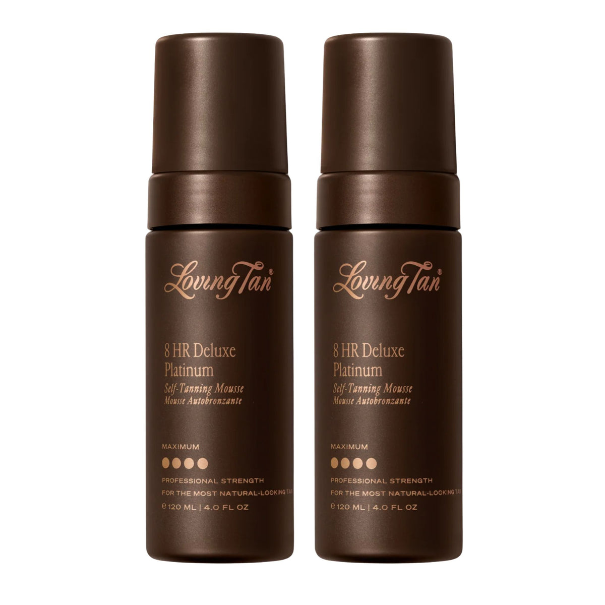 Two brown Loving Tan 8 HR Deluxe Platinum Self Tanning Mousse bottles on a white background.