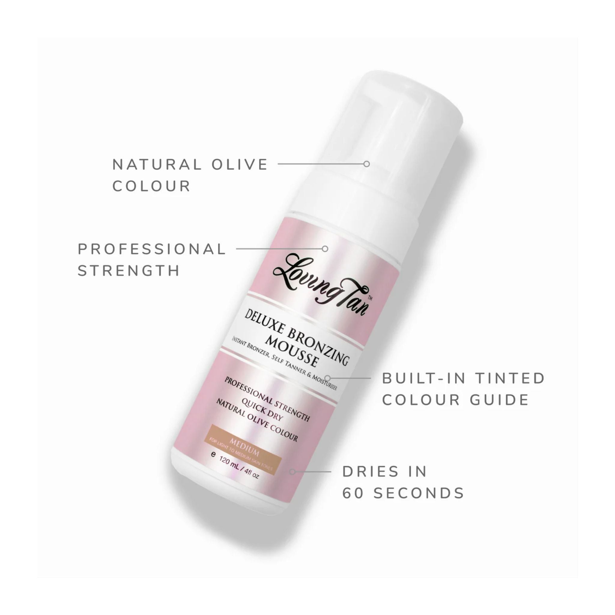 Loving Tan Deluxe Bronzing Mousse bottle with features highlighted on a white background