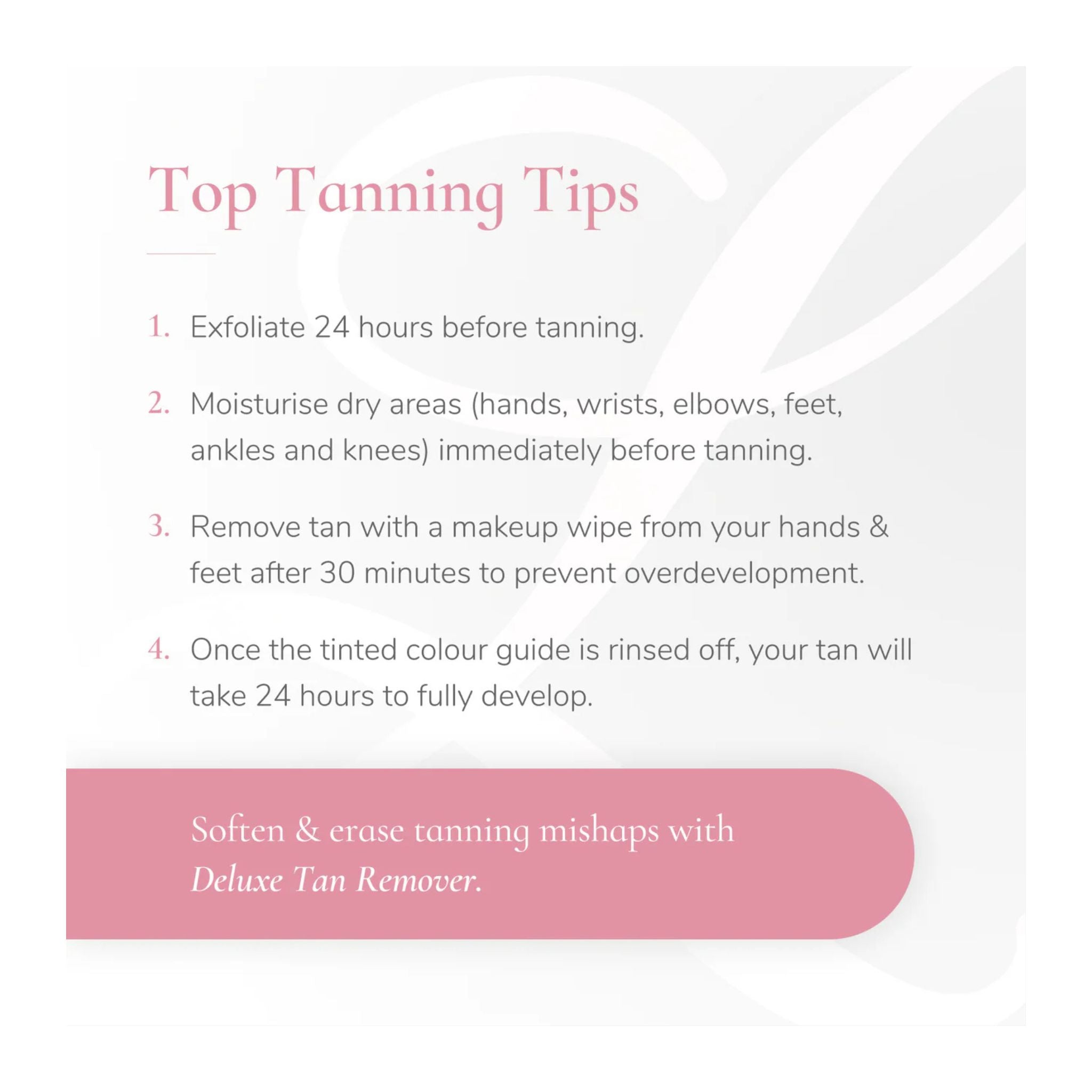 Top tanning tips with a pink button on a white background