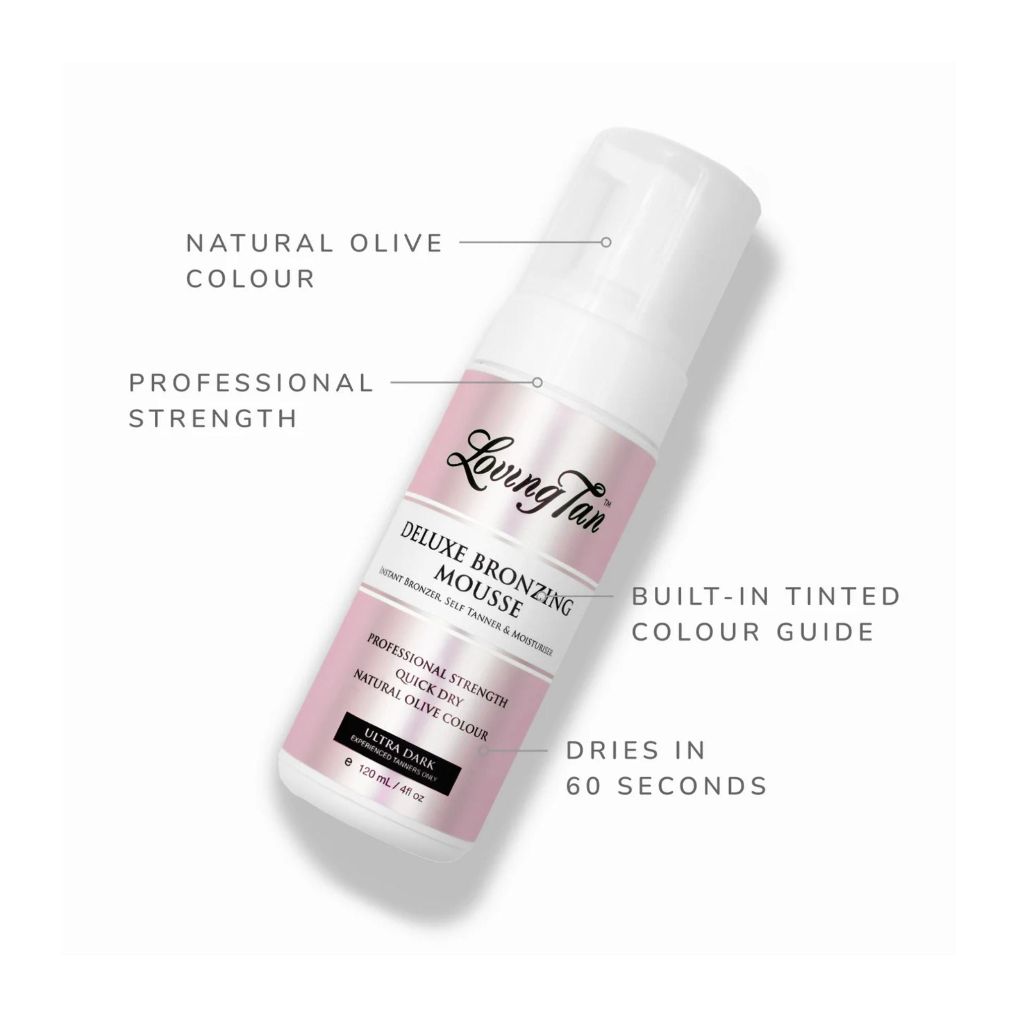 Loving Tan Deluxe Bronzing Mousse bottle with features listed on a white background