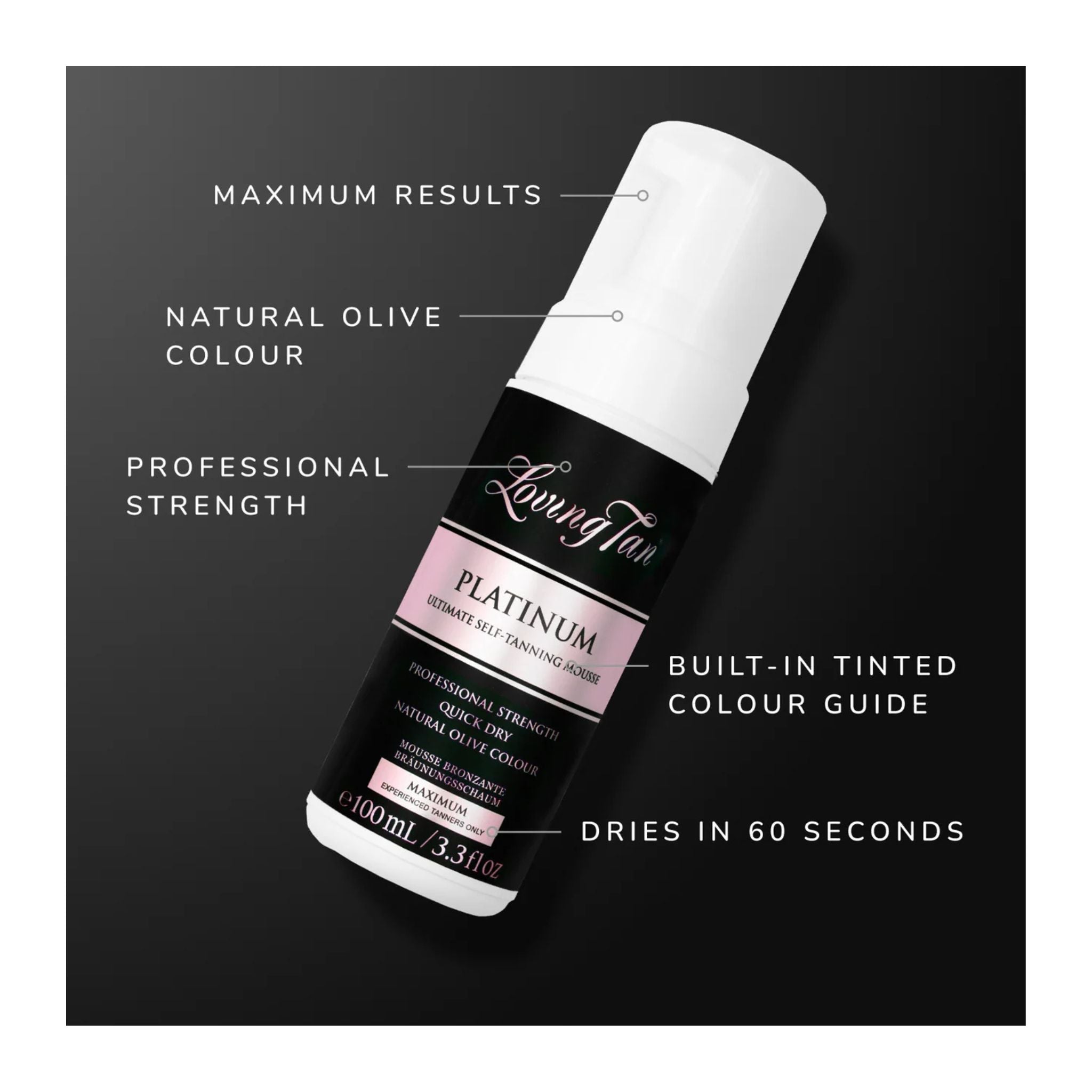 Tanning spray bottle with features listed on a black background