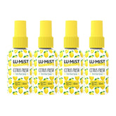 Four bottles of Lu-Mist Citrus Fresh toilet bowl spray on a white background
