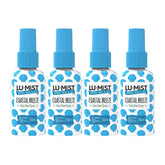Four LU-MIST Coastal Breeze toilet bowl spray bottles with blue caps on a white background
