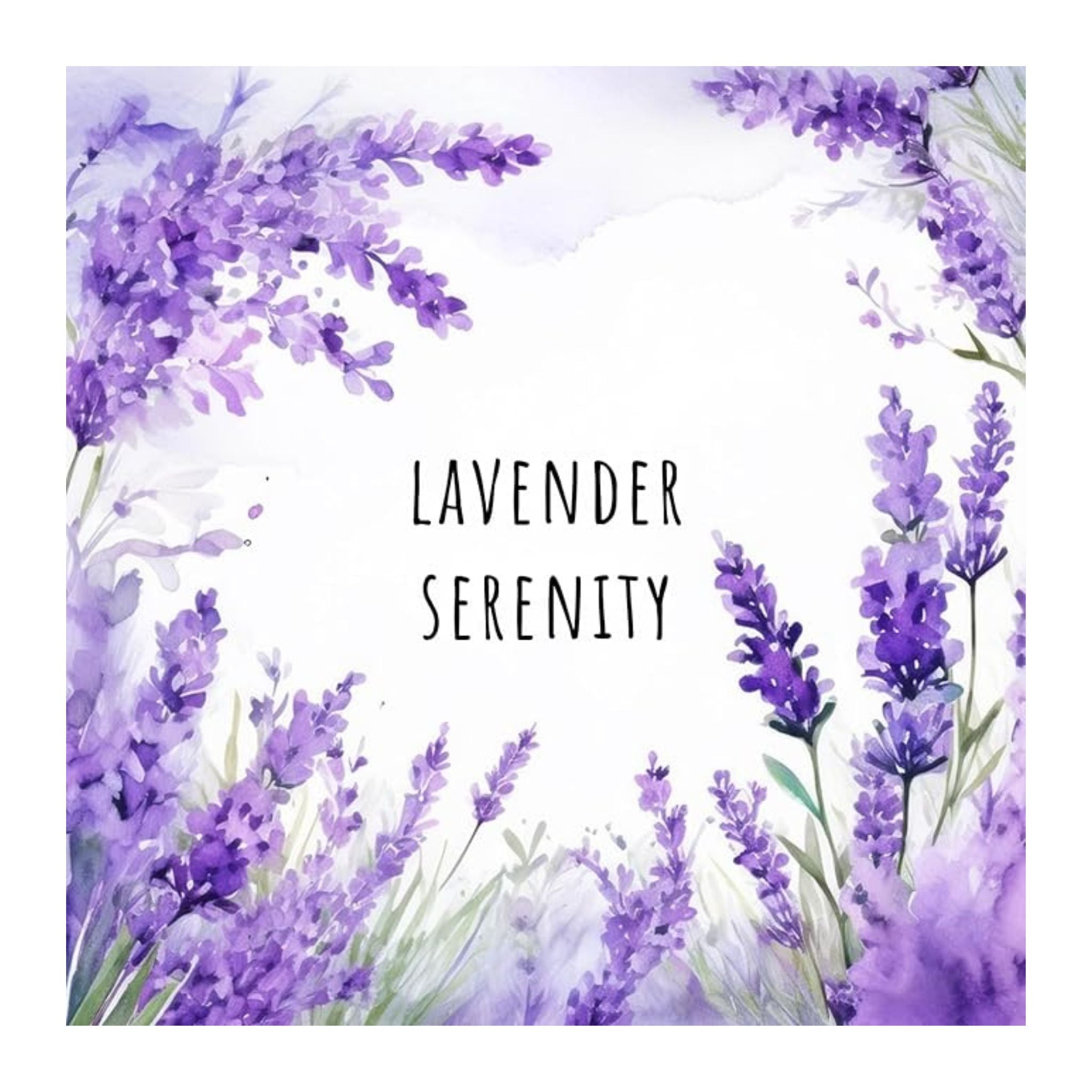 Lavender flowers arranged in a circular pattern with the text 'Lavender Serenity' in the center.