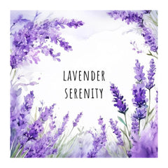 Lavender flowers arranged in a circular pattern with the text 'Lavender Serenity' in the center.
