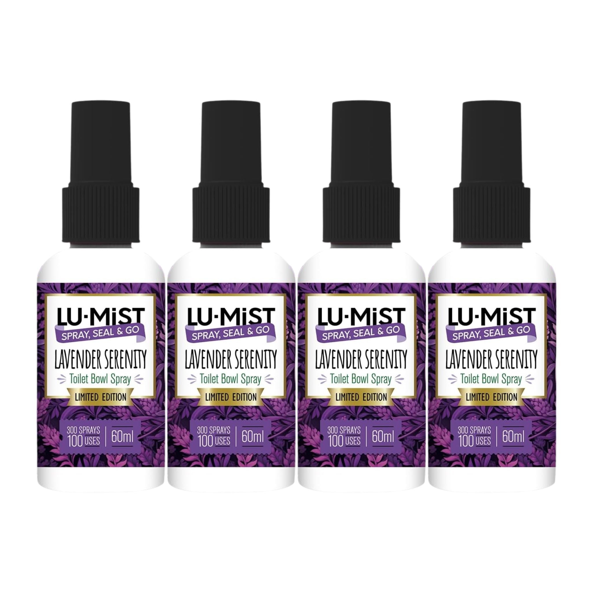 Four bottles of Lu-Mist Lavender Serenity Toilet Bowl Spray on a white background