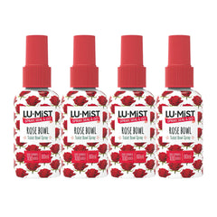 Four LU-MIST Rose Bowl toilet bowl spray bottles with red and white design on a white background