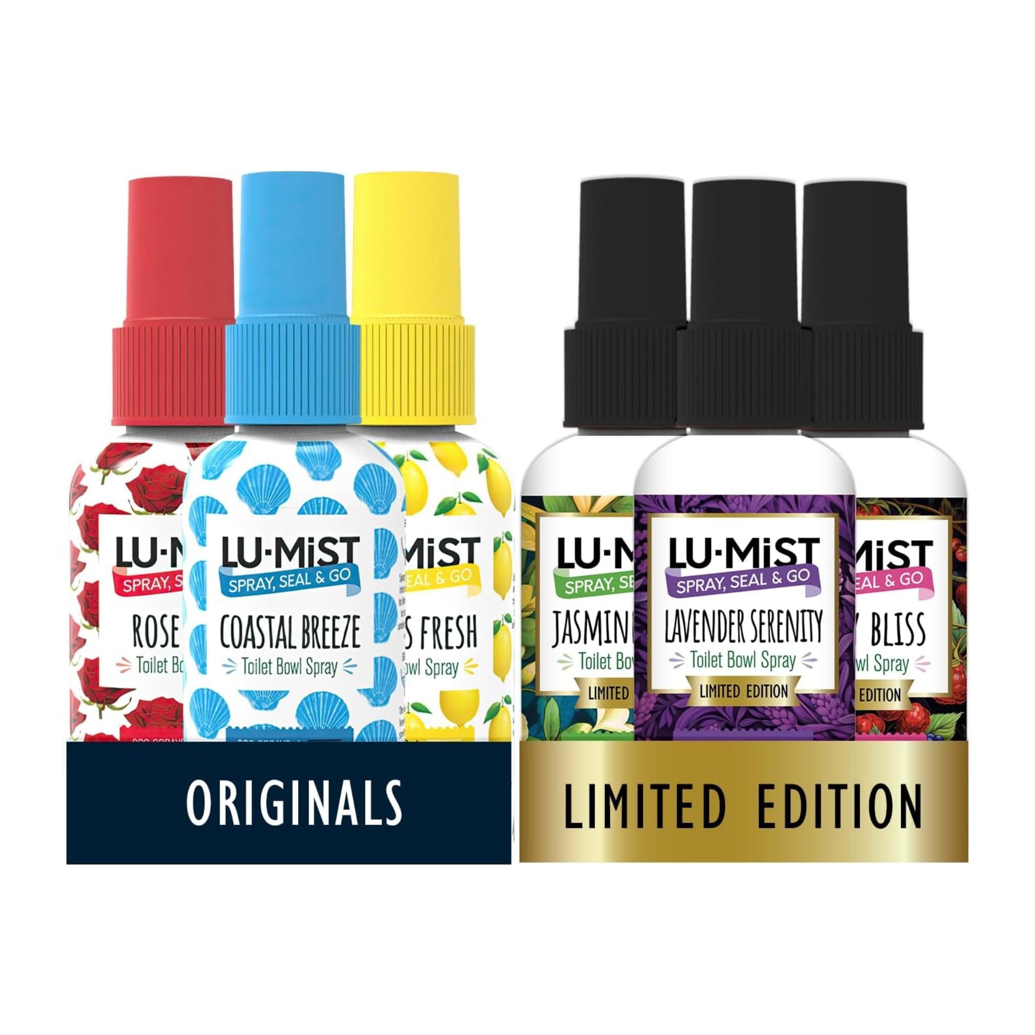 Lu-Mist spray bottles with colorful labels on a white background
